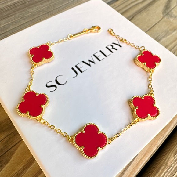 Clover Bracelet Double Sided Pomegranate Blossom Onyx Stone & Gold Jewelry - Picture 2 of 10